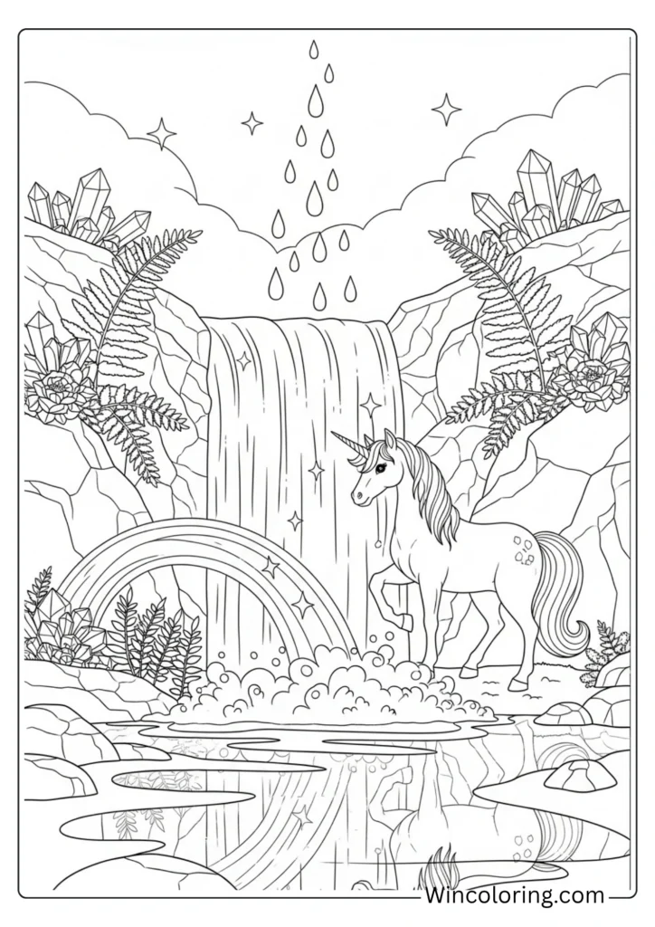 Unicorn at an enchanted waterfall