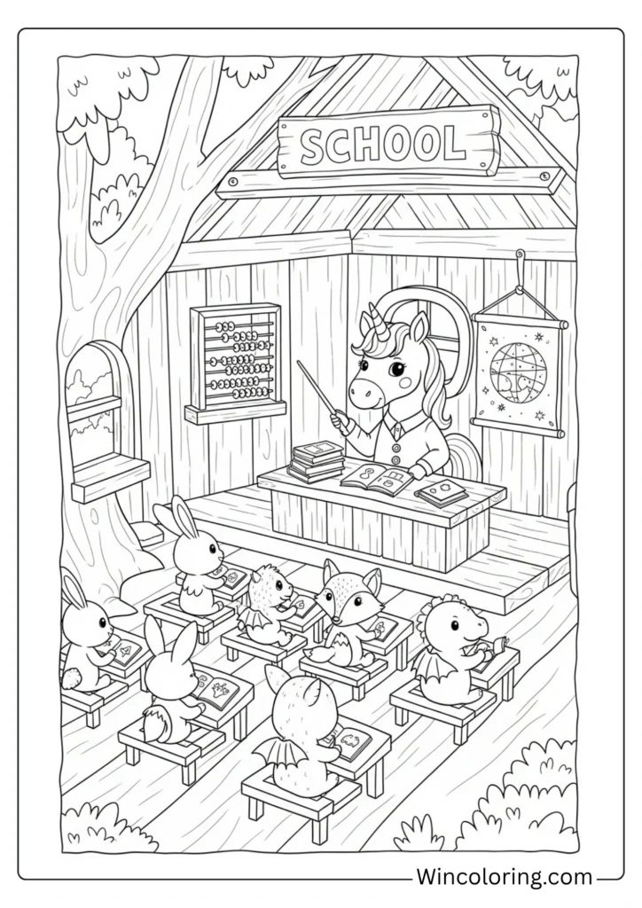 Unicorn schoolhouse in an enchanted forest