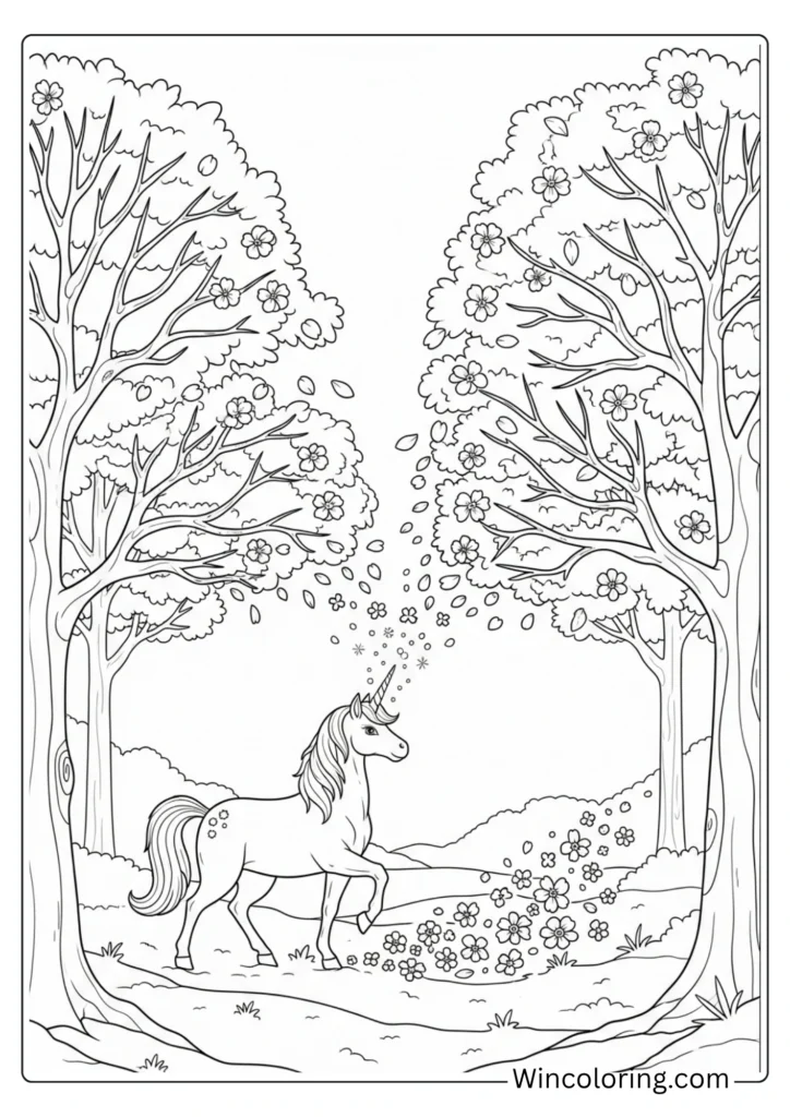 Unicorn transforming autumn trees to bloom