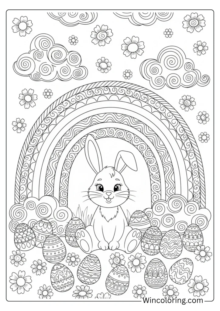 joyful Easter bunny sitting beneath a rainbow with clouds
