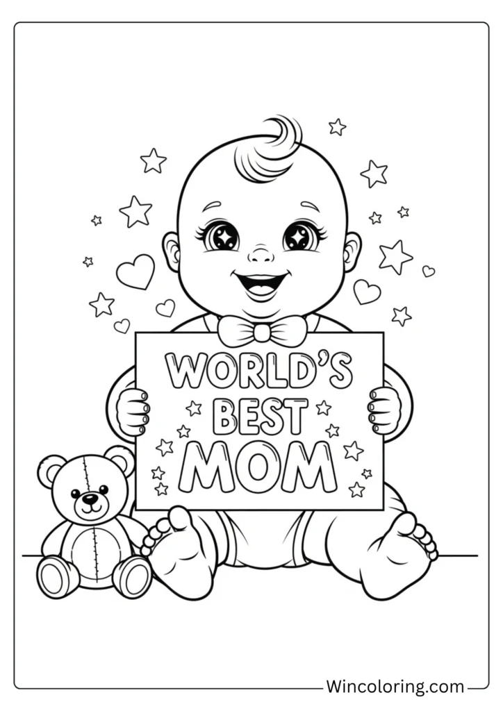 Baby holding a sign that says World's Best Mom
