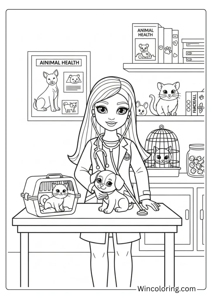 Barbie as a veterinarian with animals