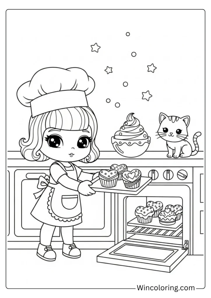 Barbie baking cupcakes in a pink kitchen