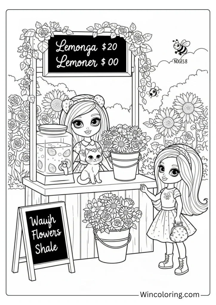 Barbie running a lemonade and flower stand