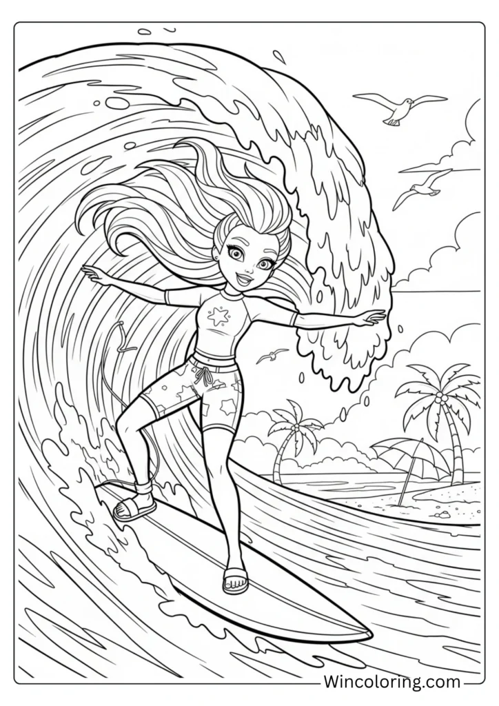 Barbie surfing a big wave at the beach