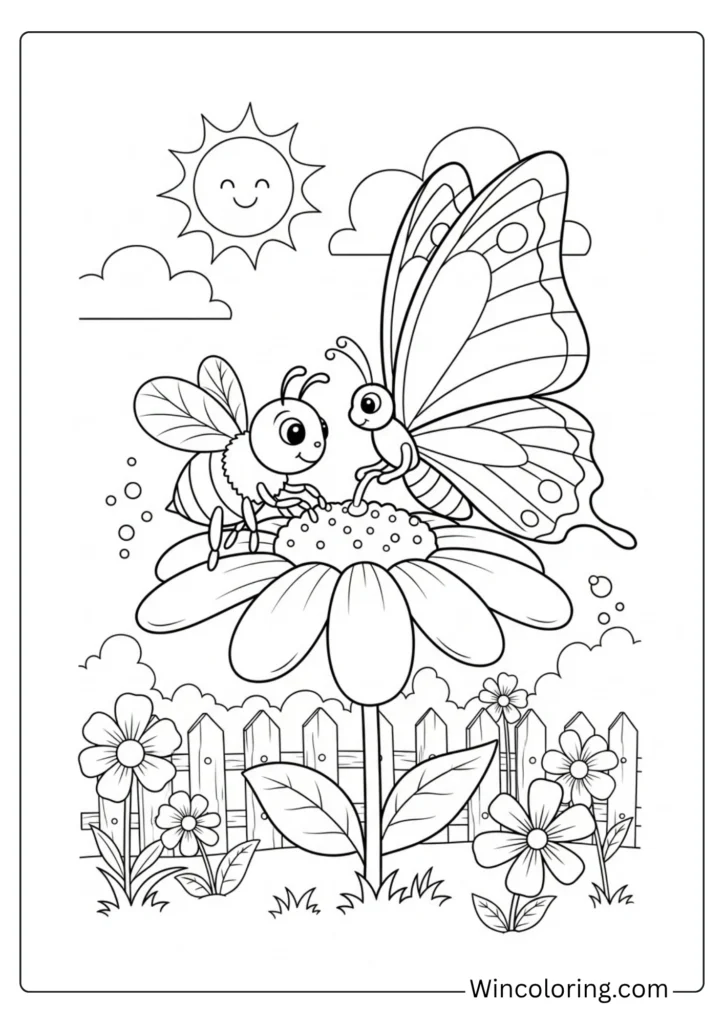 Bee and butterfly sharing a flower