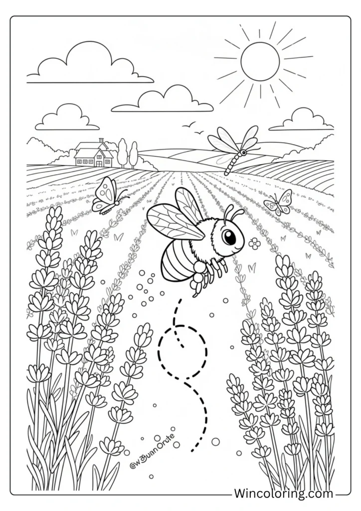 Bee flying through a lavender field