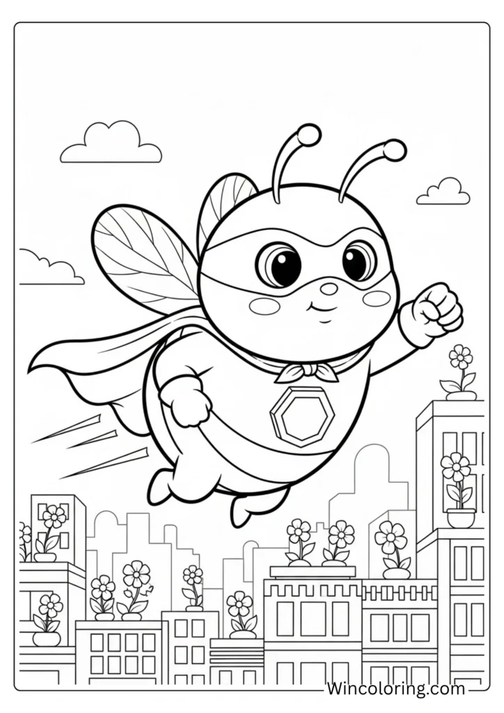 Bee superhero flying over the city
