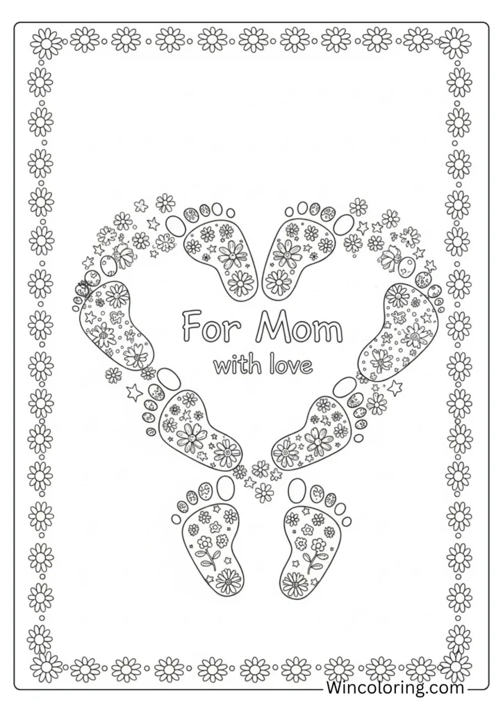 Child footprints making a heart for Mom