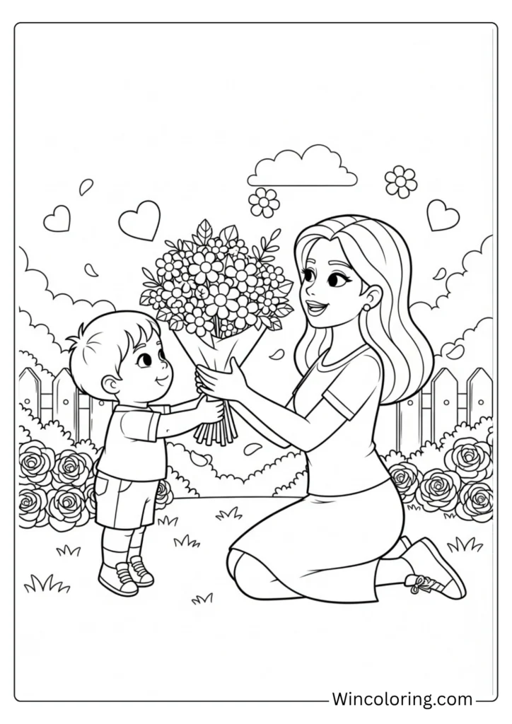 Child giving Mom a bouquet on Mother's Day