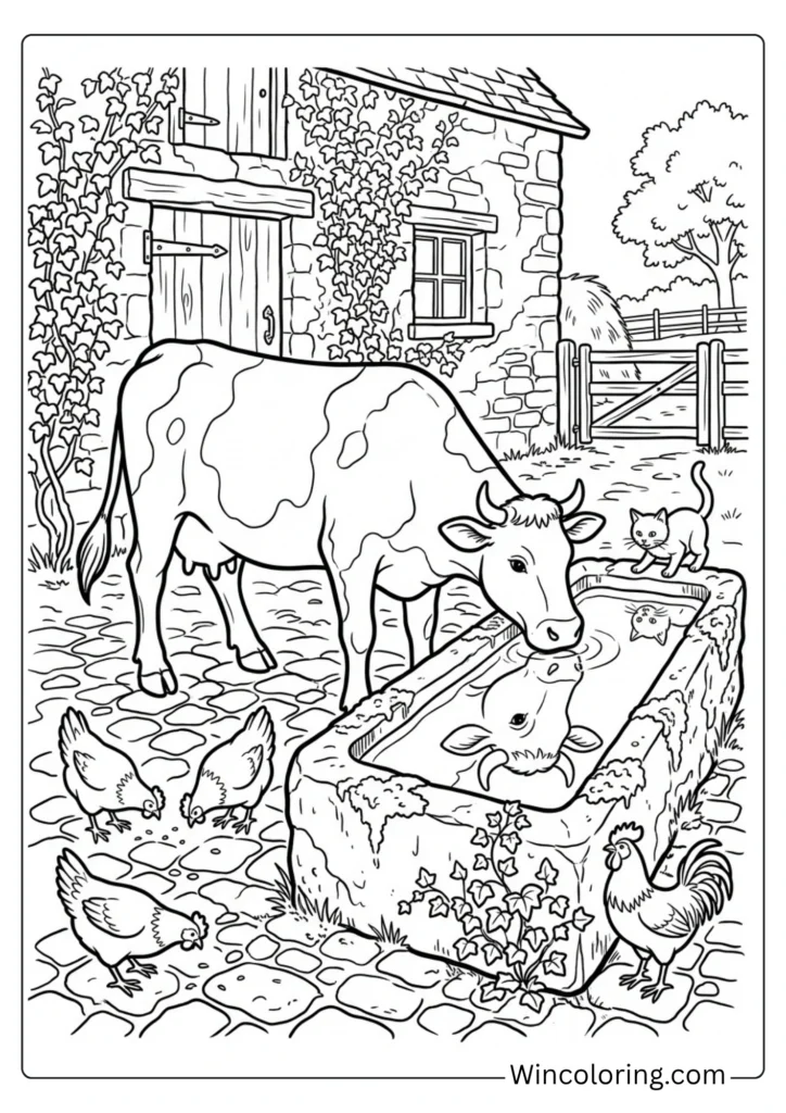 Cow drinking from a stone trough