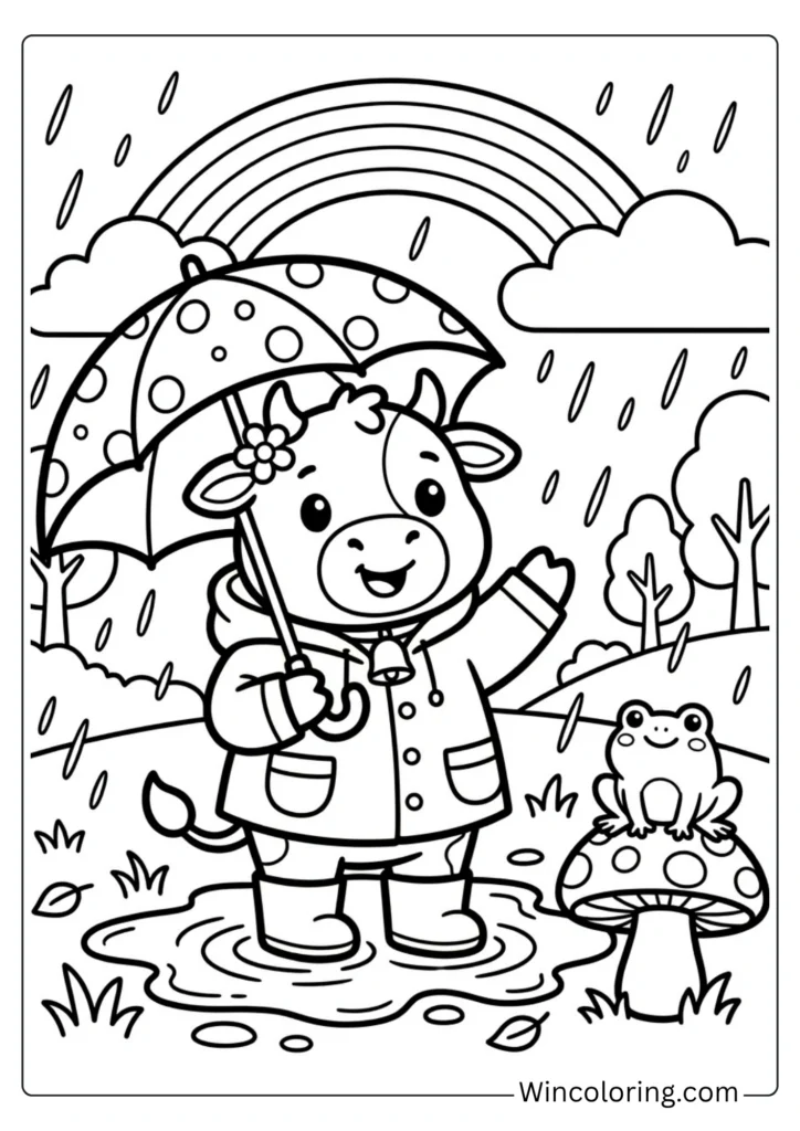 Cow wearing rain boots and holding umbrella
