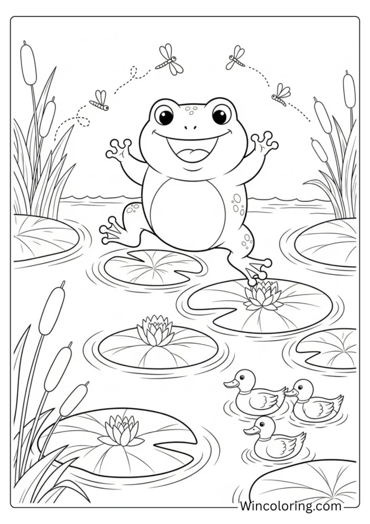 Frog jumping on lily pads in May