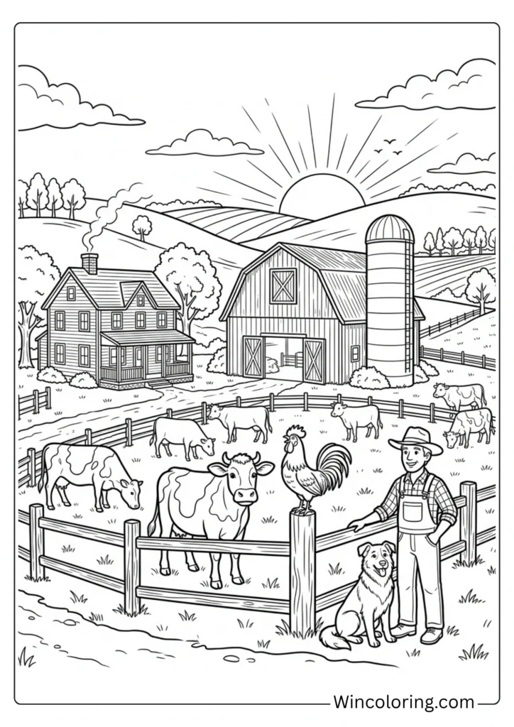 Full farm scene at sunrise