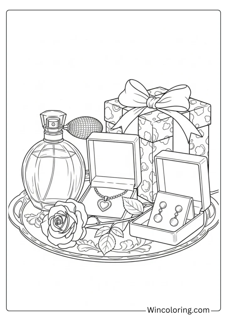 Gift-wrapped perfume and jewelry for Mom
