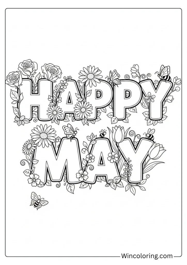 Happy May lettering with flowers