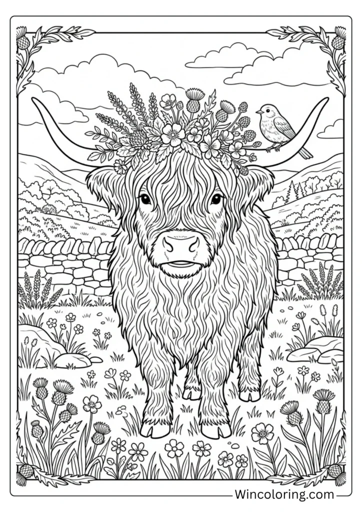 Highland cow with flower crown in meadow