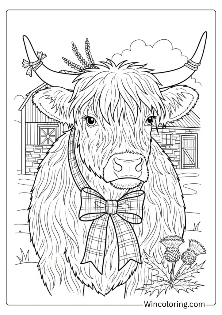 Highland cow with tartan ribbon
