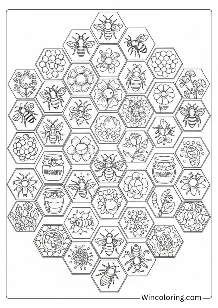 Honeycomb pattern page with bees