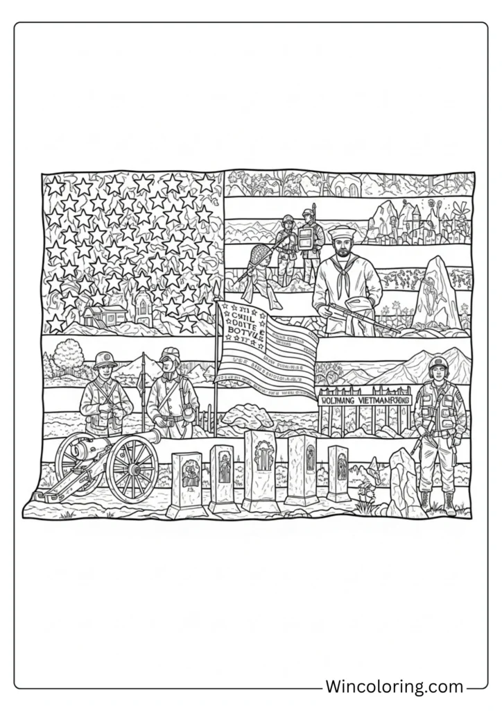 Intricate American flag with hidden scenes