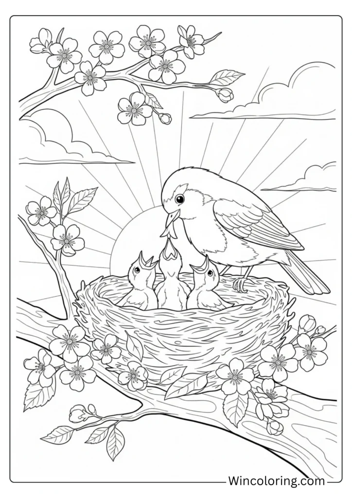 Mama bird feeding baby birds in nest