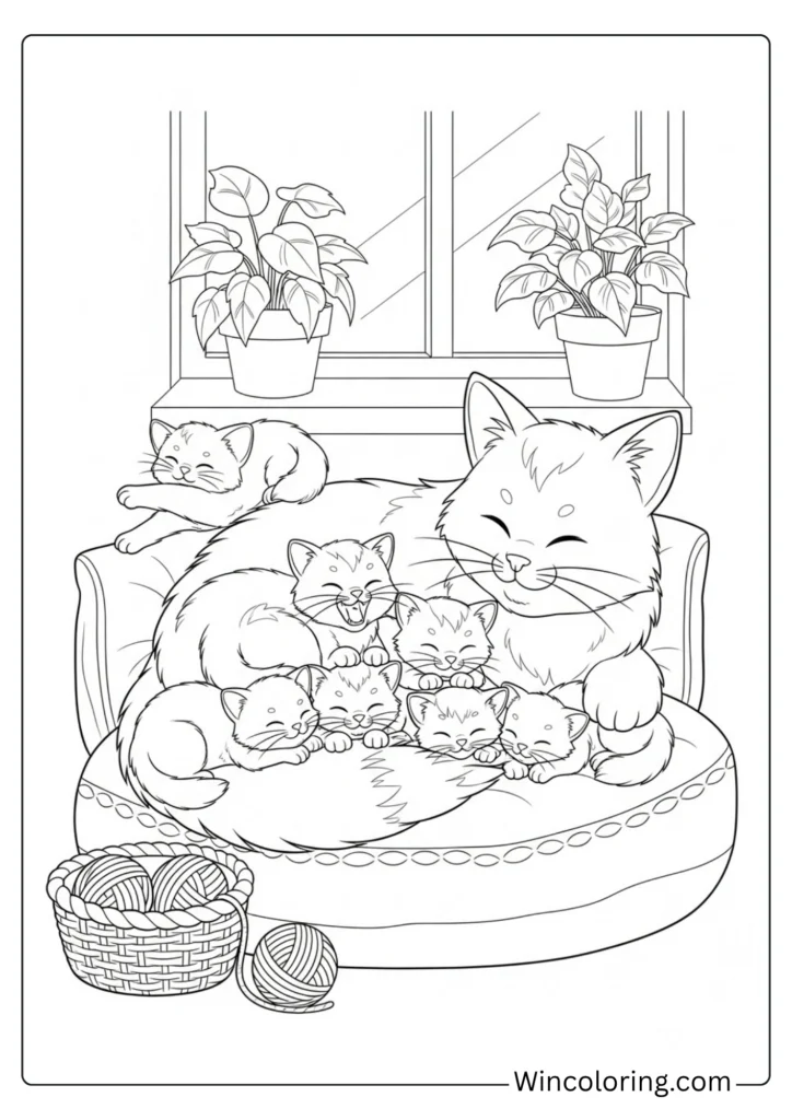 Mama cat and kittens cuddling