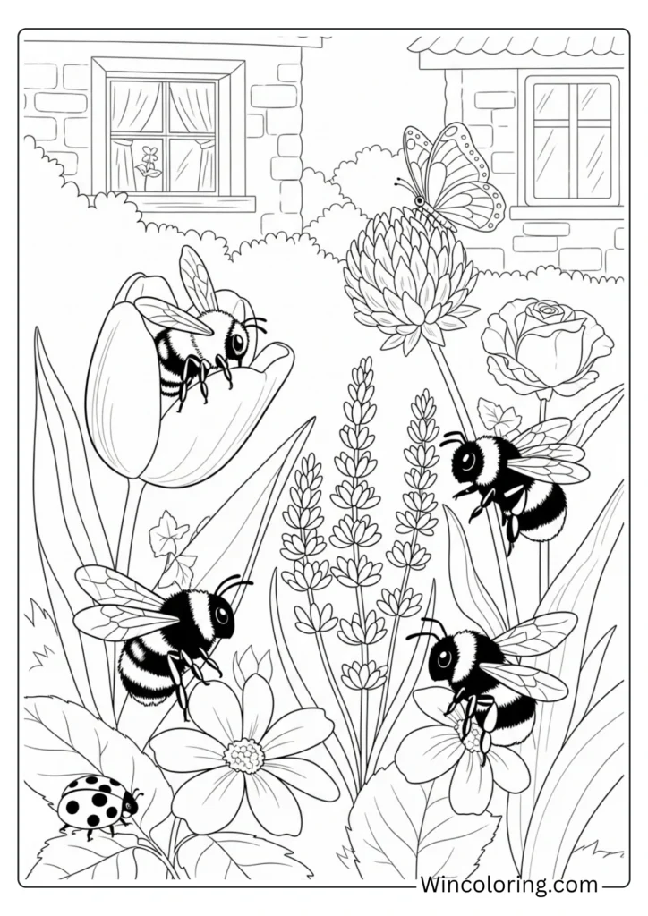 May bee pollination garden scene