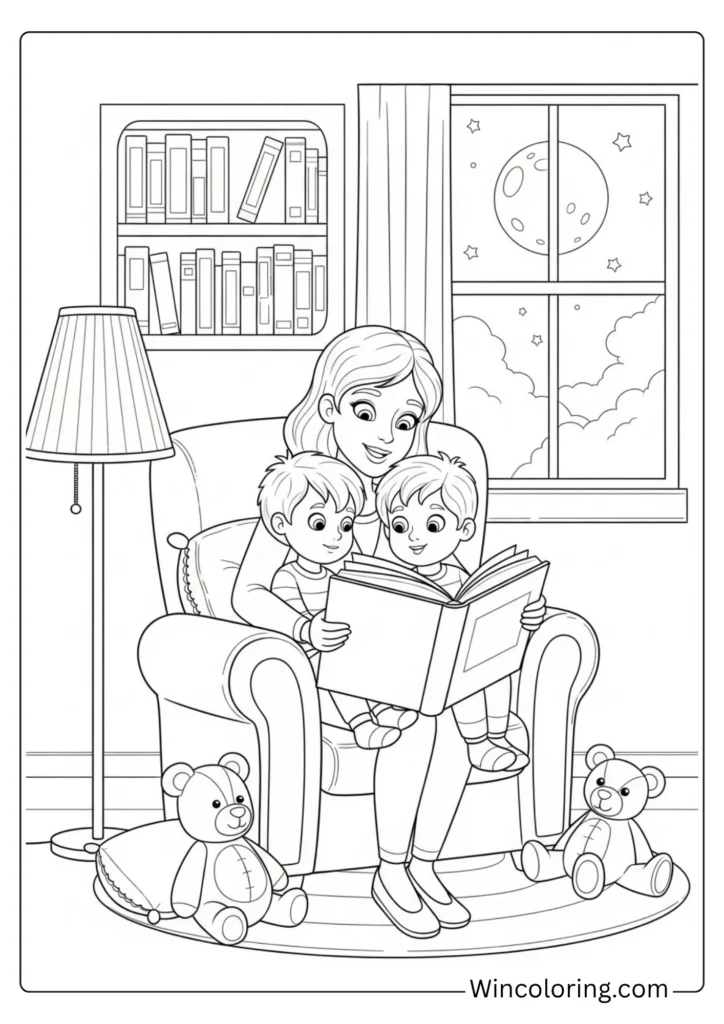 Mom reading a bedtime story with children
