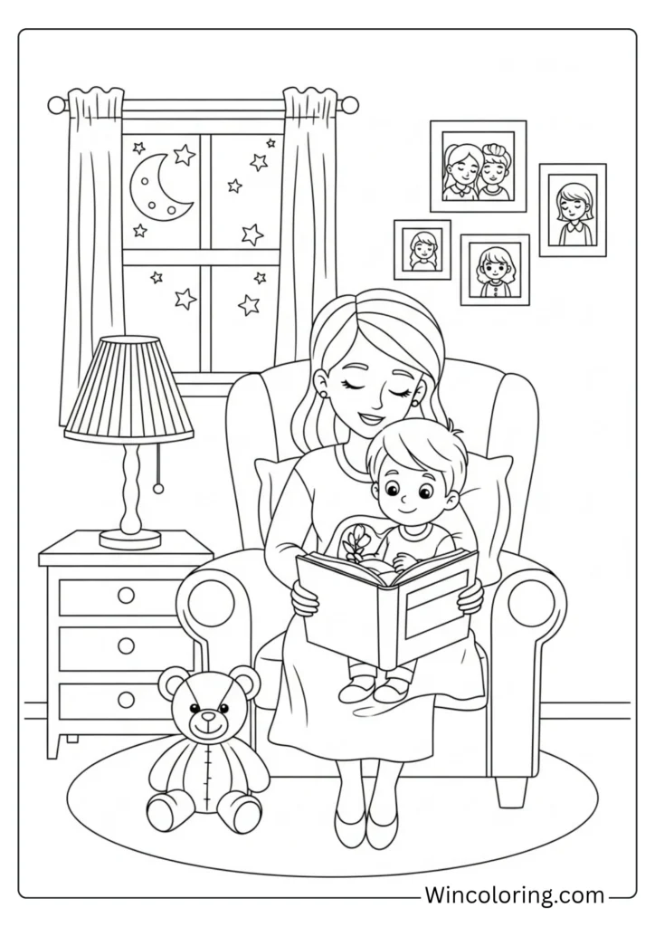 Mom reading bedtime story with child