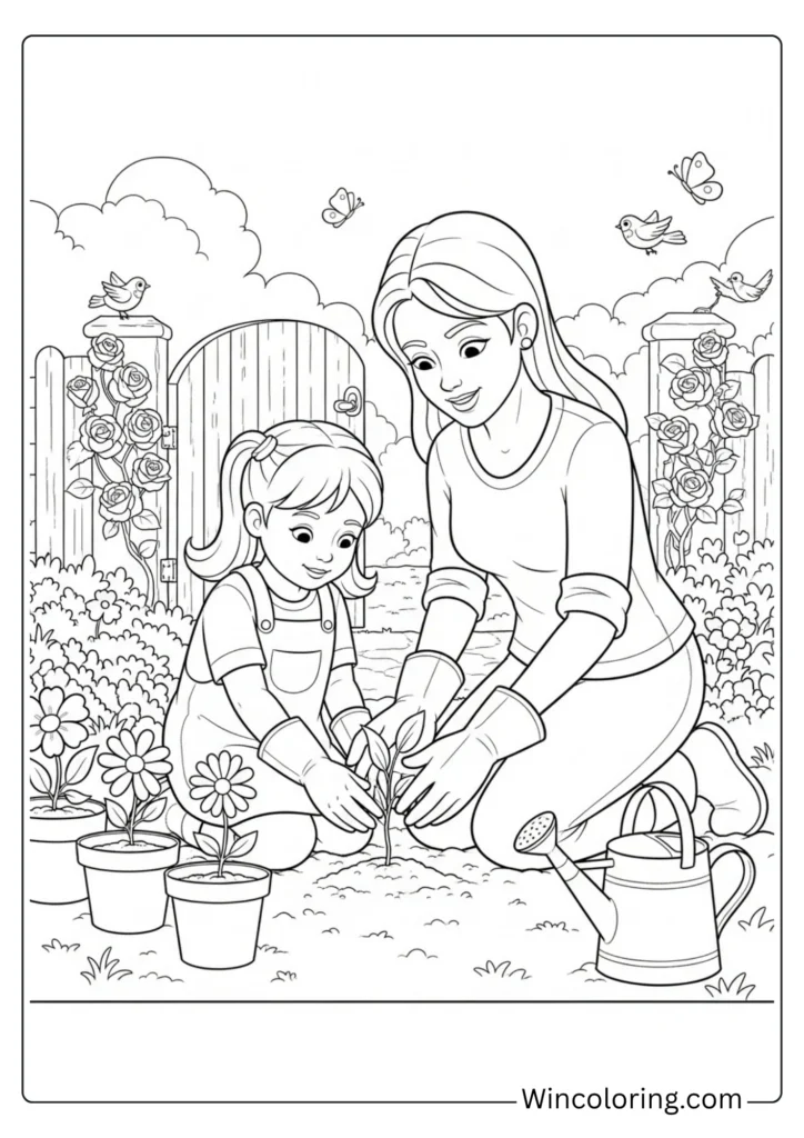 Mother and daughter planting flowers together
