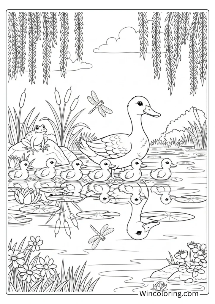 Spring pond with ducklings