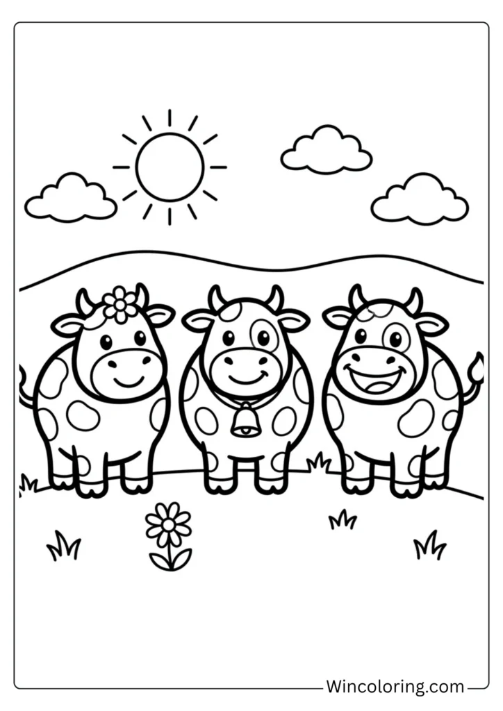 Three cartoon cows in a row smiling