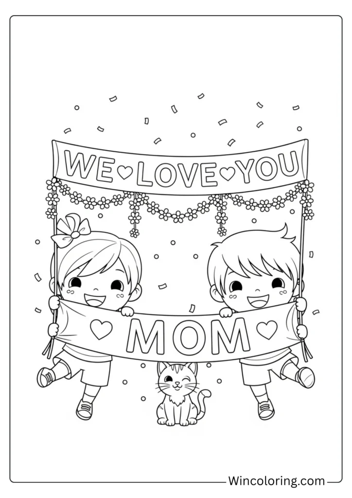 Two kids holding a Mom banner between them