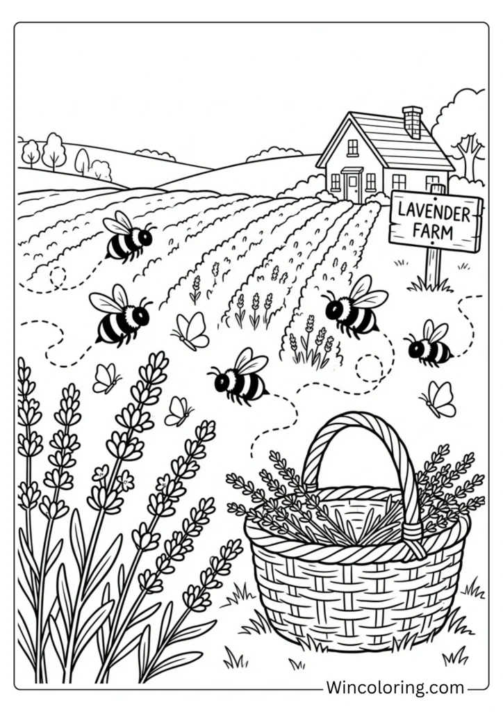 Bees and lavender field scene