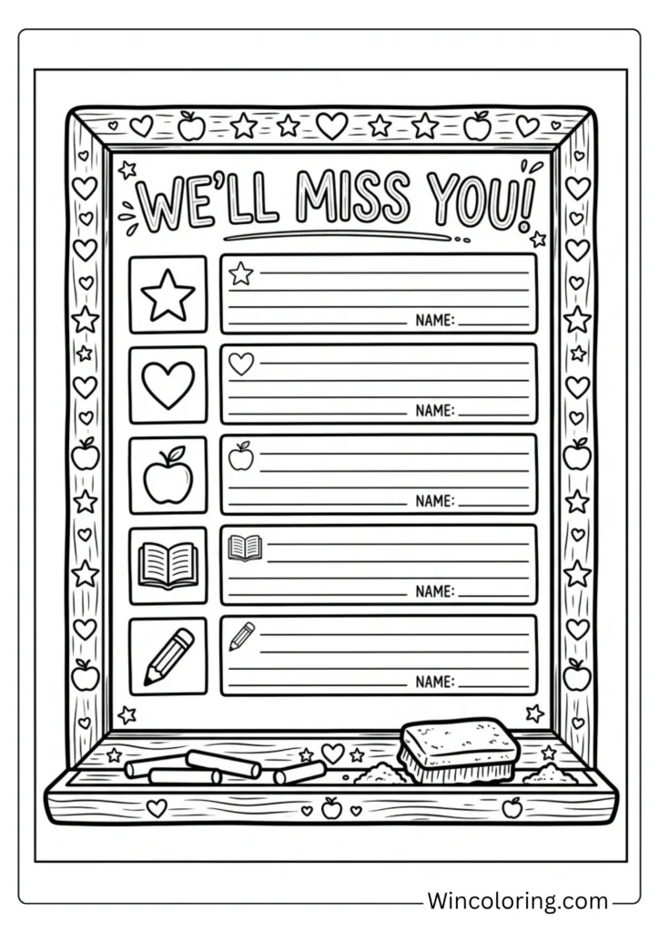 Chalkboard full of student messages — goodbye scene