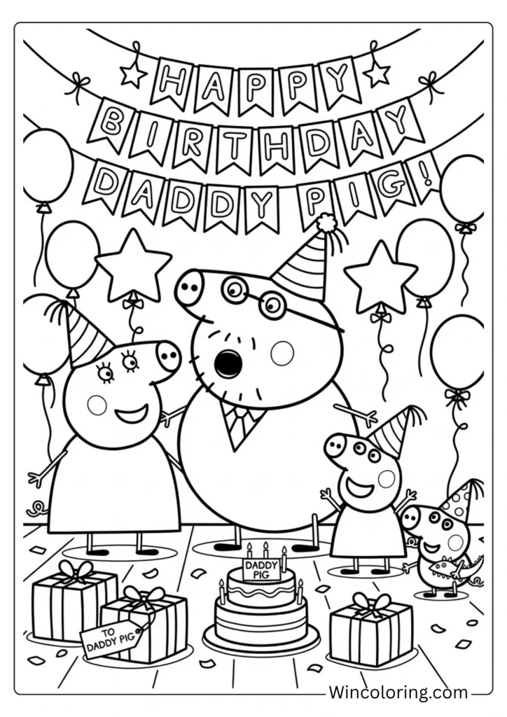 Daddy Pig birthday party hat coloring page