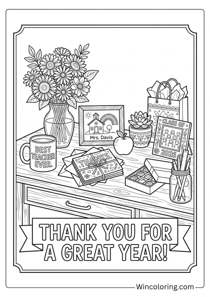 Desk full of thank-you gifts — still life coloring page
