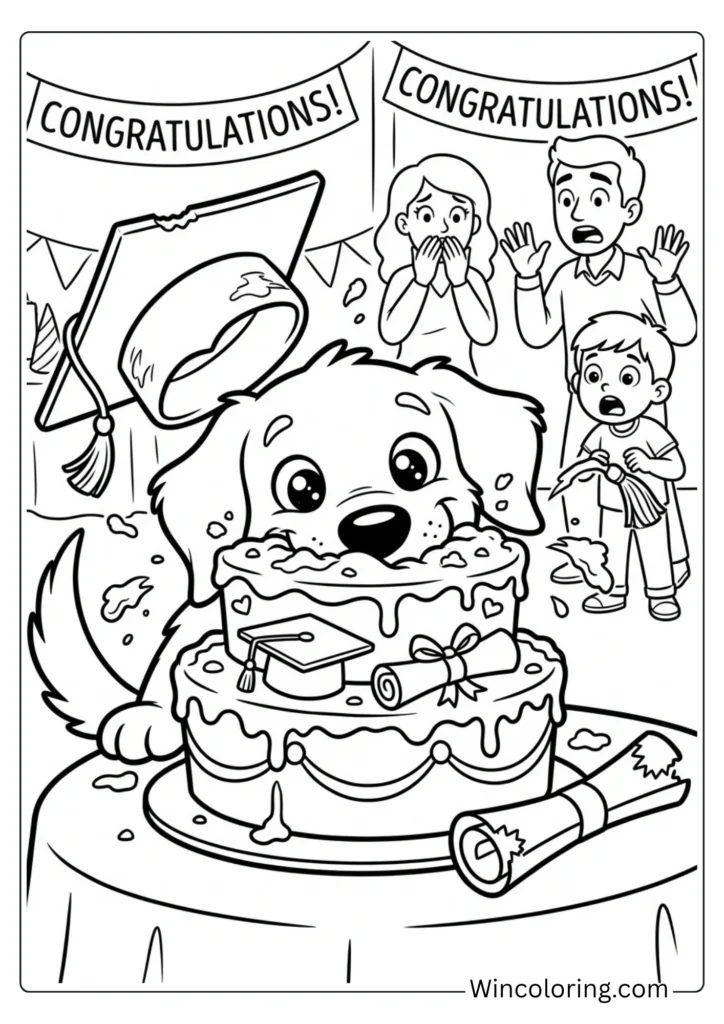 Dog eating the graduation cake