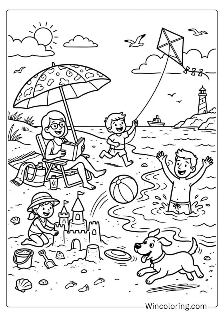Family beach day scene Coloring Page