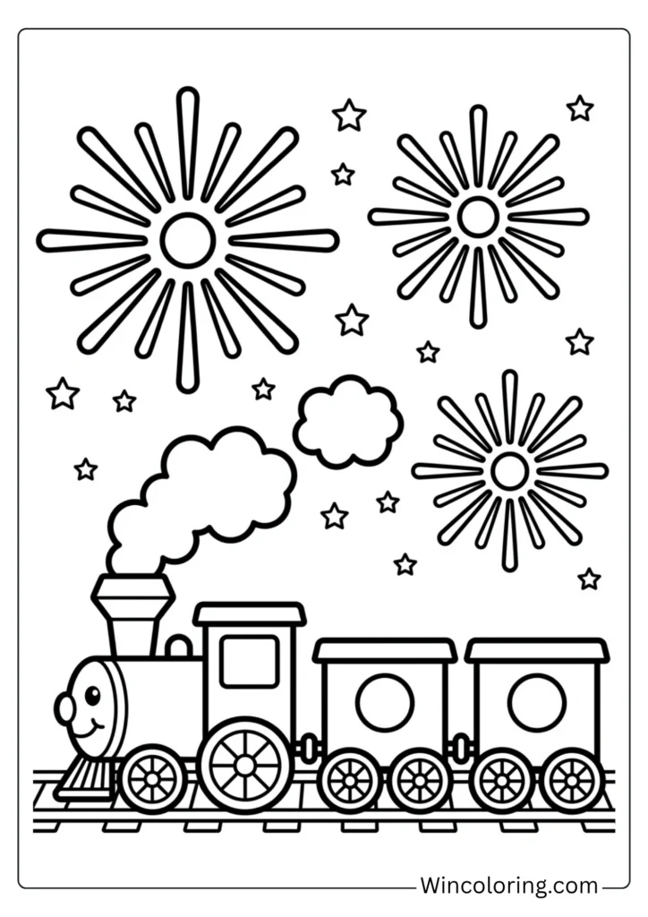 Firework Train Coloring Page for Kids – Fun Transportation Printable
