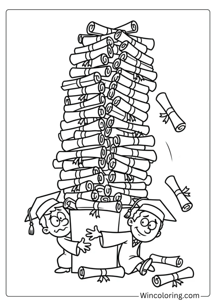Graduate with an impossibly tall diploma stack