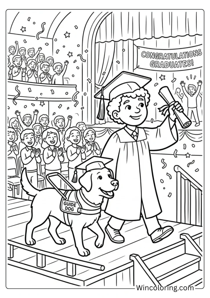 Graduate with guide dog on stage