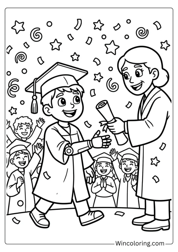 Graduate with prosthetic arm receiving diploma
