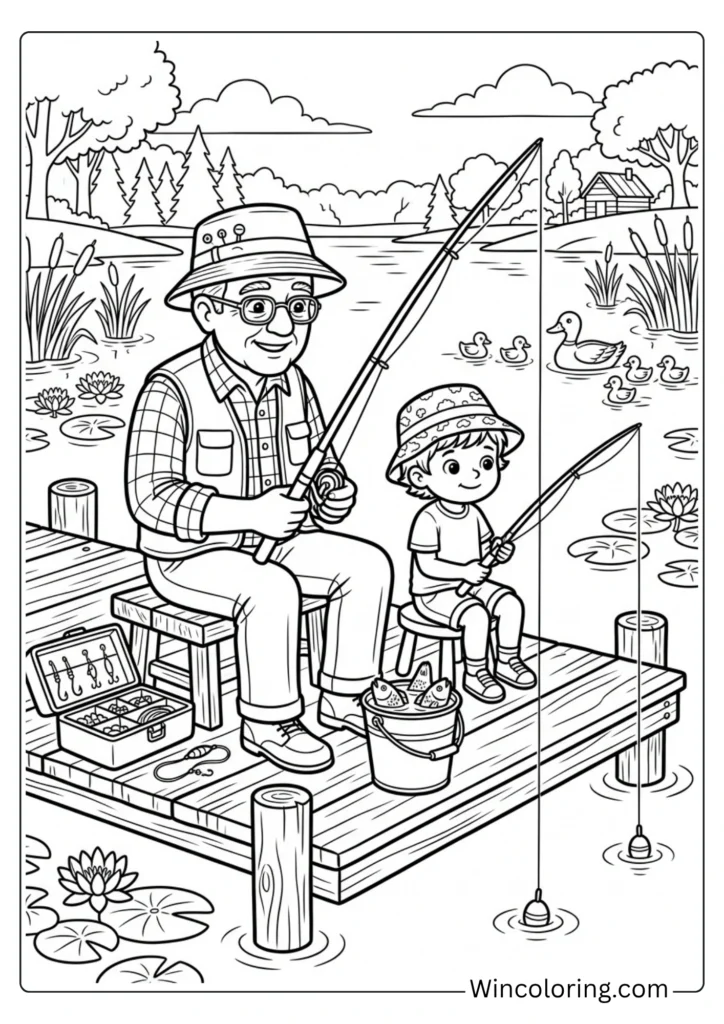 Grandpa and grandchild fishing together