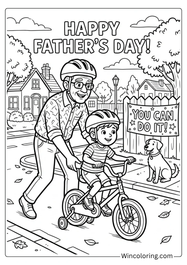 Grandpa teaching grandchild to ride a bike
