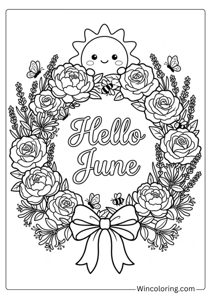 Hello June floral wreath poster