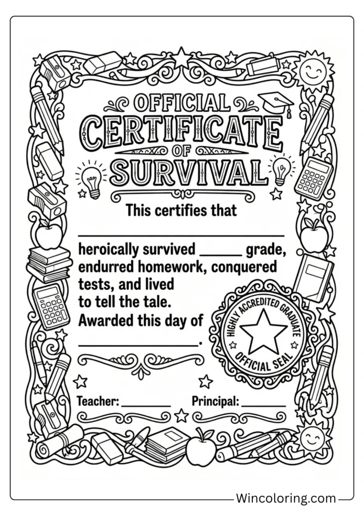 I survived the school year — funny certificate page