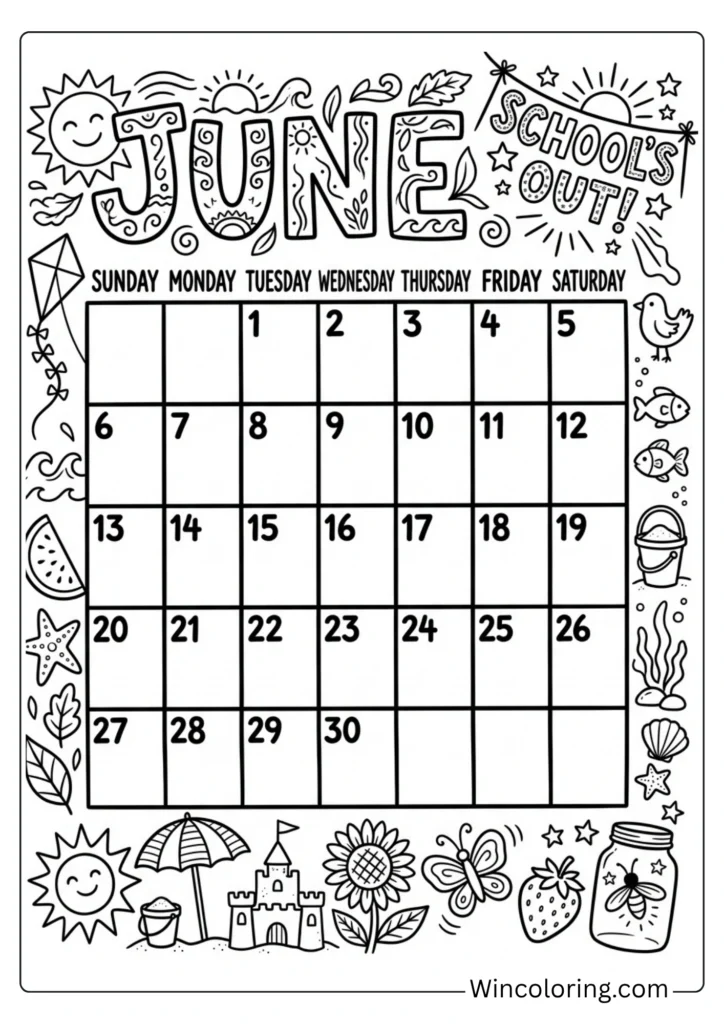 June monthly calendar grid with doodles