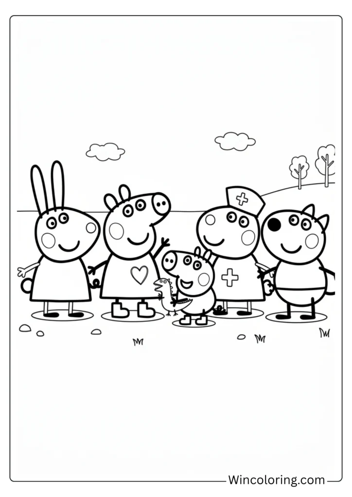 Peppa Pig and friends group coloring page