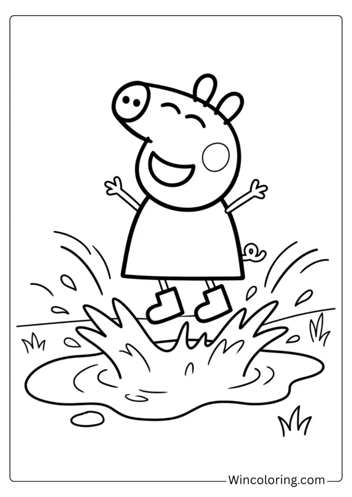 Peppa Pig jumping in muddy puddles coloring